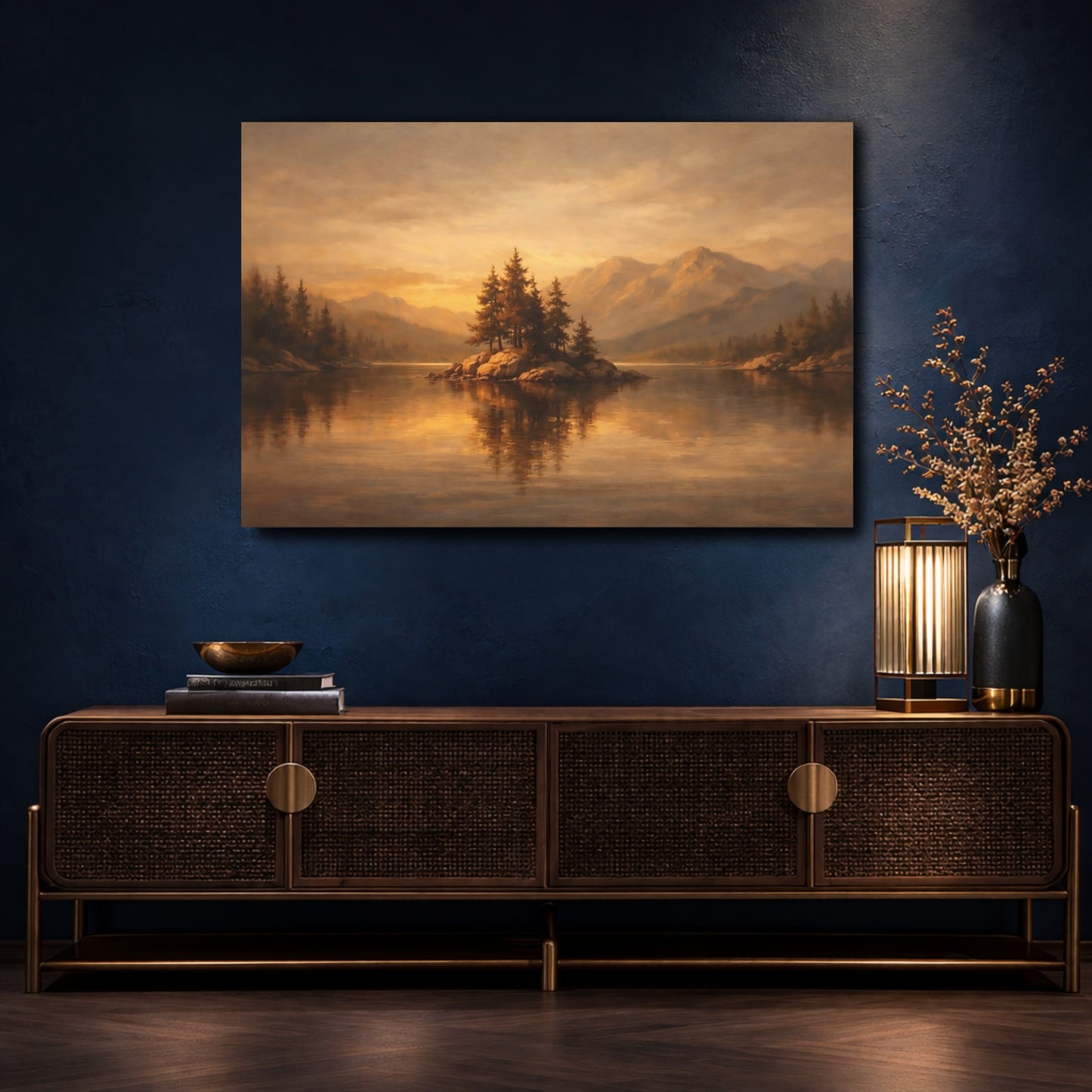 Mockup 4. Nature Island Golden Landscape shown as stretched canvas wall art