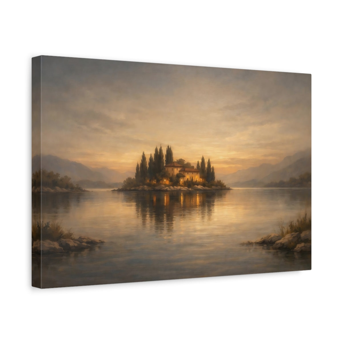 Side Mockup 4. Nature Island House Golden Lake shown as stretched canvas wall art