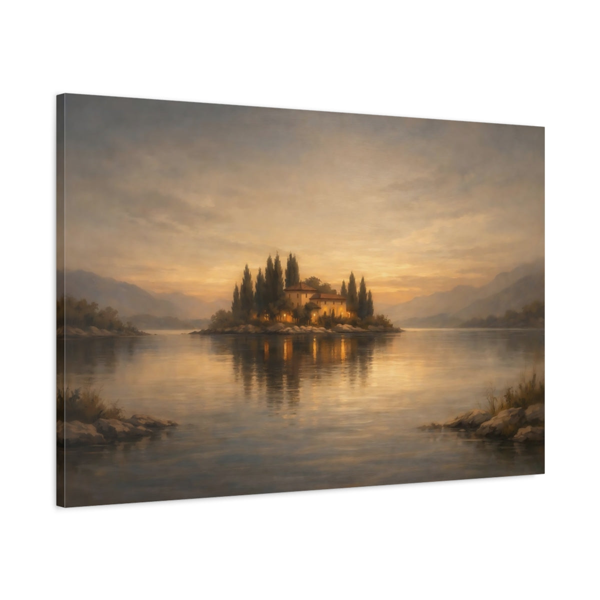 Side Mockup 1. Nature Island House Golden Lake shown as stretched canvas wall art