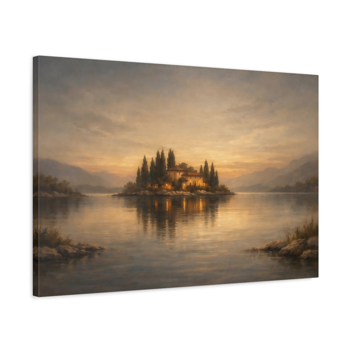 Side Mockup 2. Nature Island House Golden Lake shown as stretched canvas wall art