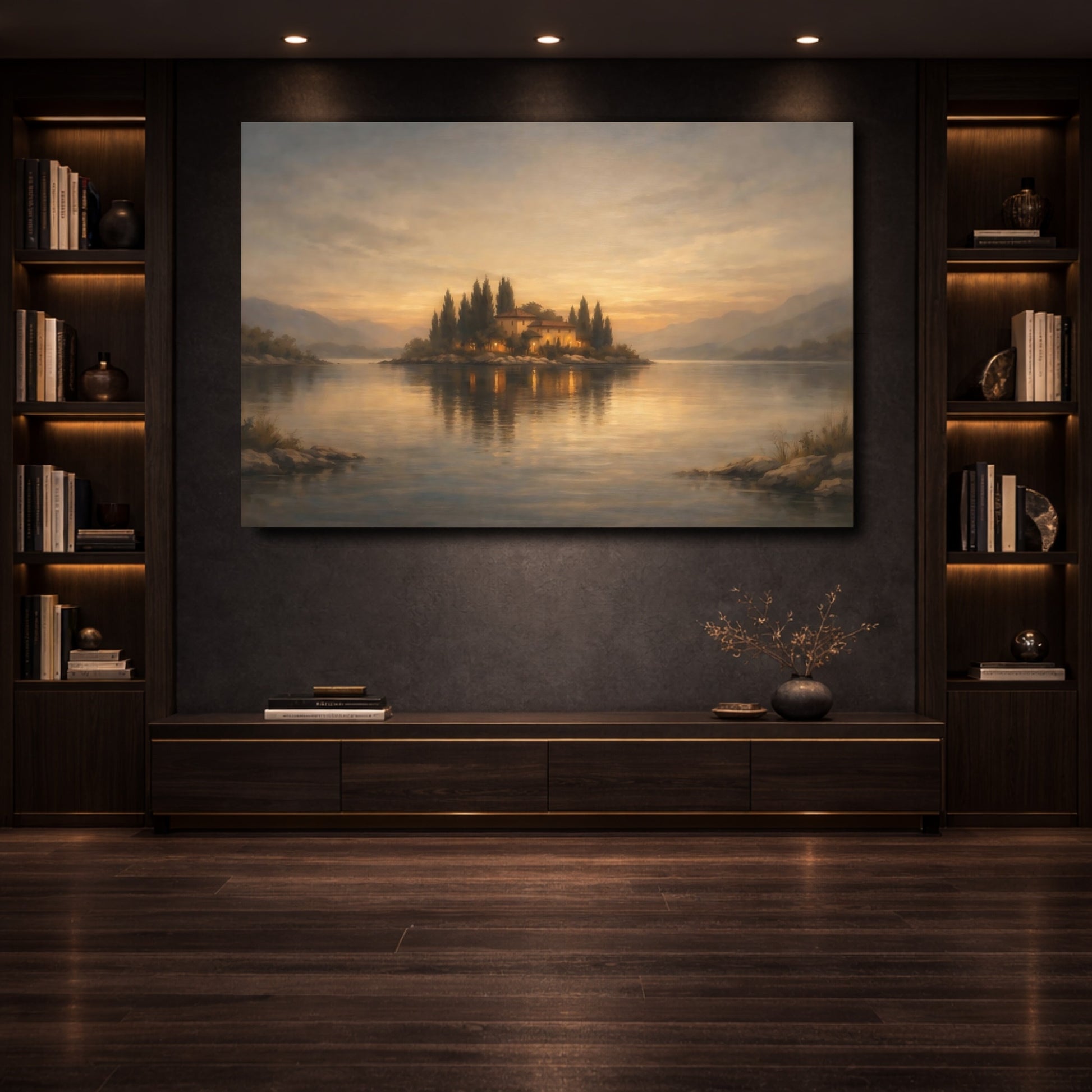 Mockup 3. Nature Island House Golden Lake shown as stretched canvas wall art