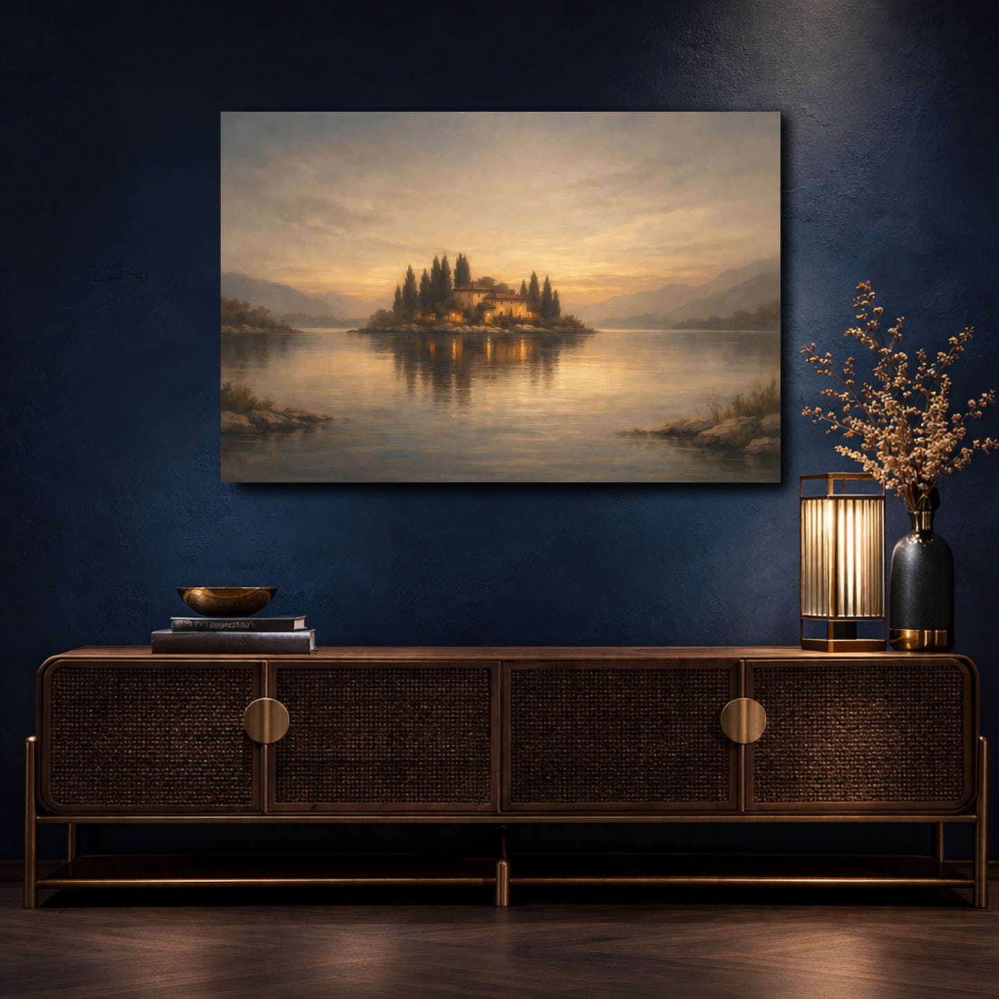 Mockup 4. Nature Island House Golden Lake shown as stretched canvas wall art
