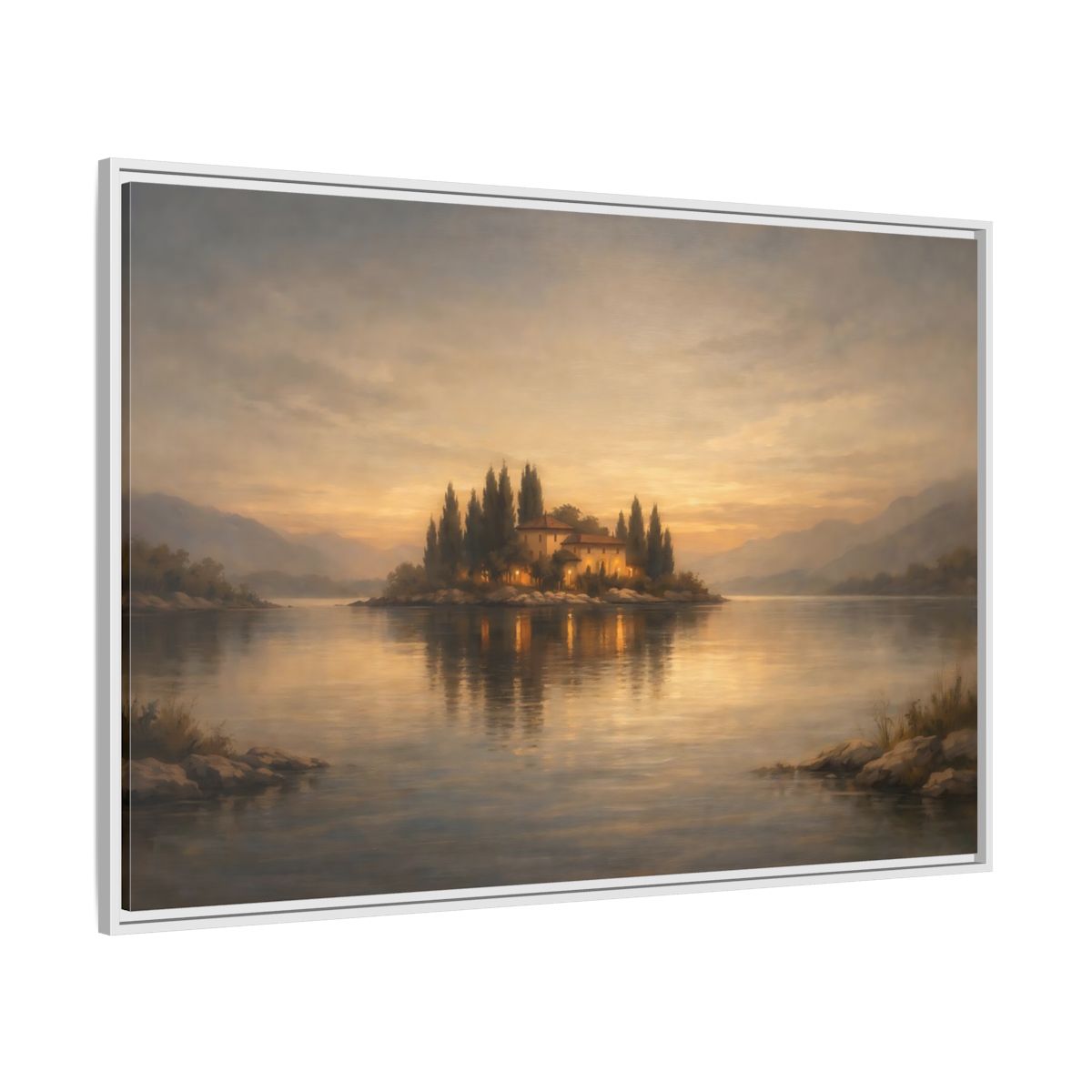 Side Mockup 7. Nature Island House Warm Glow shown as stretched canvas wall art