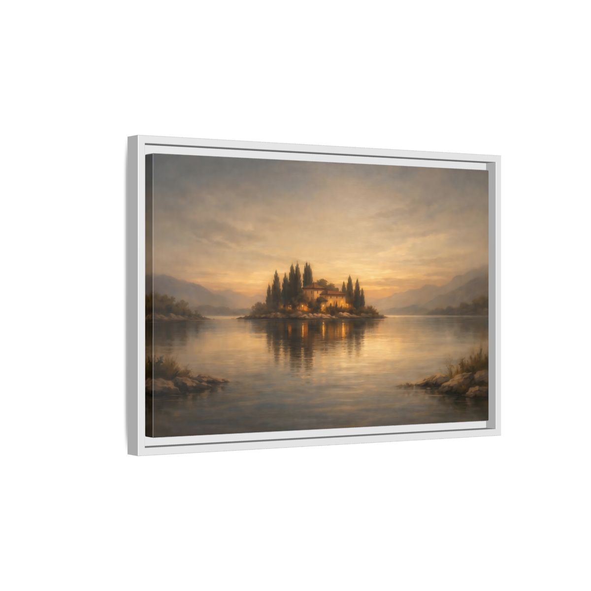Side Mockup 1. Nature Island House Warm Glow shown as stretched canvas wall art