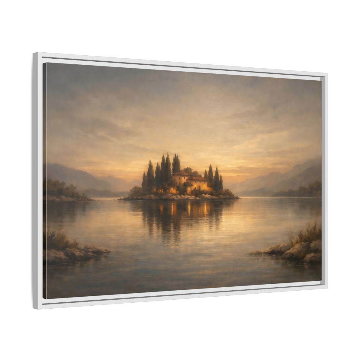 Side Mockup 8. Nature Island House Warm Glow shown as stretched canvas wall art