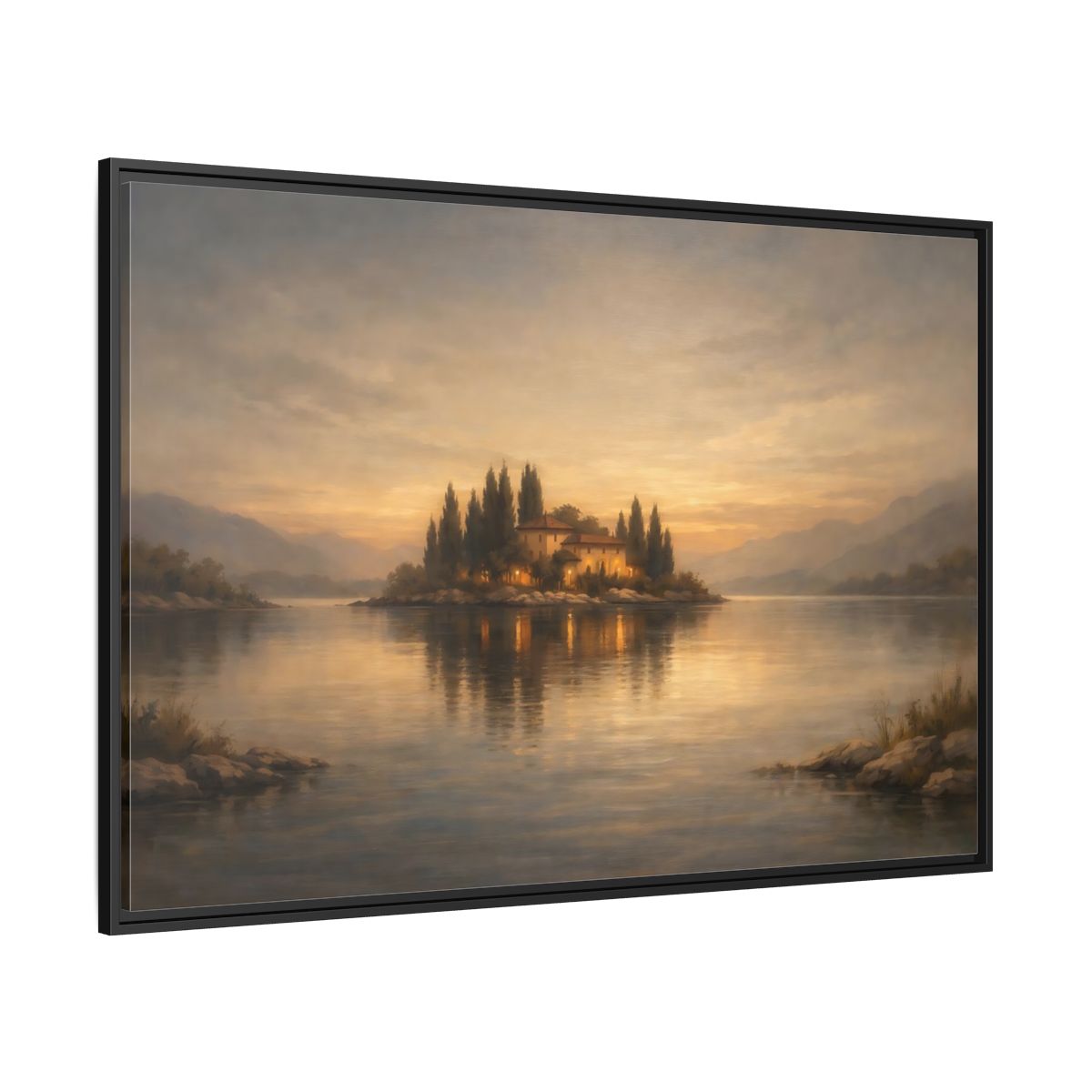 Side Mockup 12. Nature Island House Warm Glow shown as stretched canvas wall art
