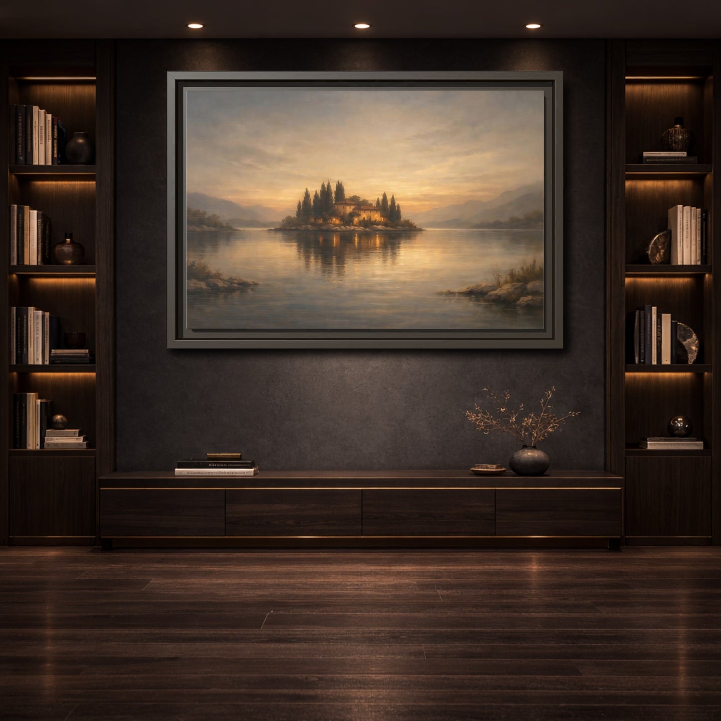 Mockup 3. Nature Island House Warm Glow shown as stretched canvas wall art