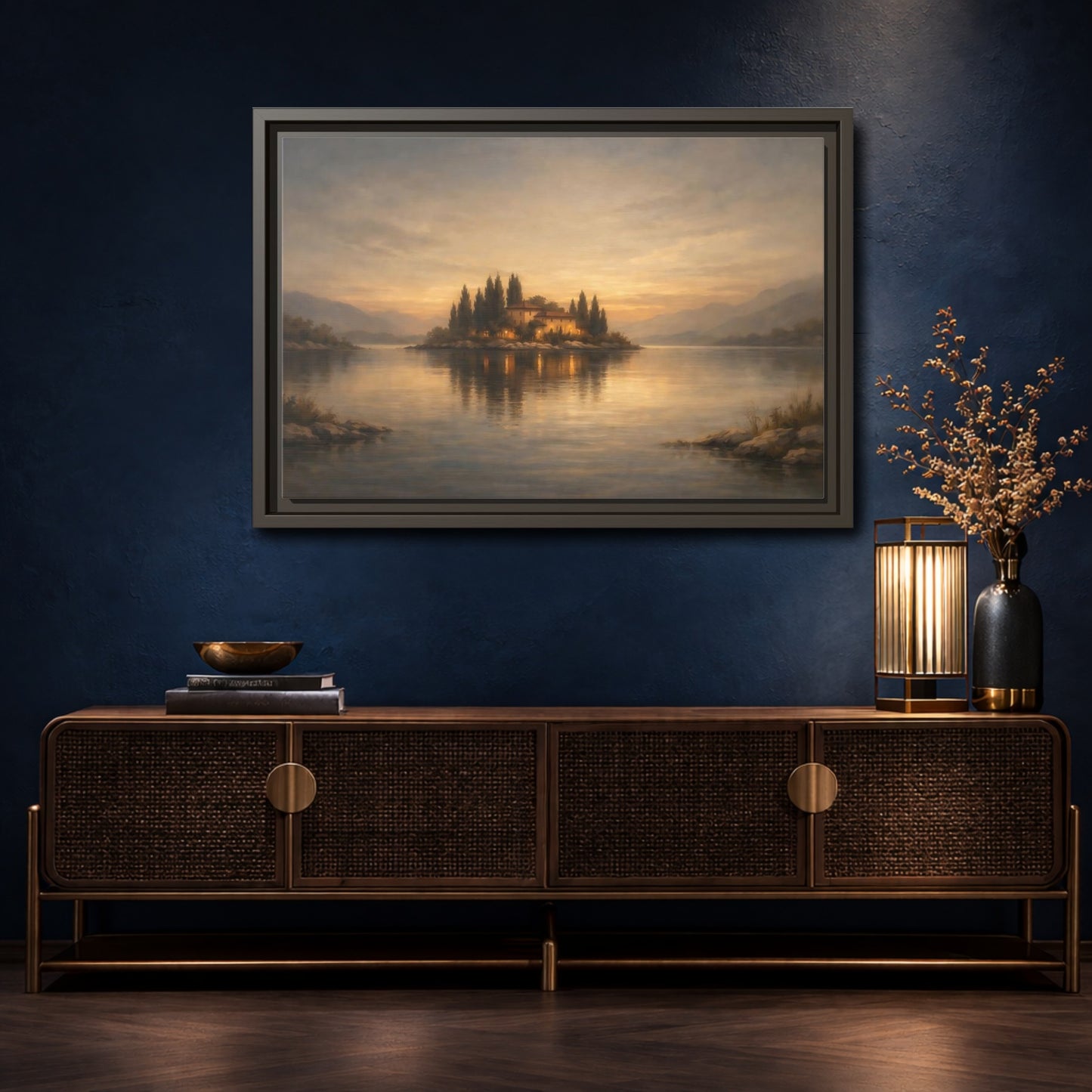 Mockup 4. Nature Island House Warm Glow shown as stretched canvas wall art