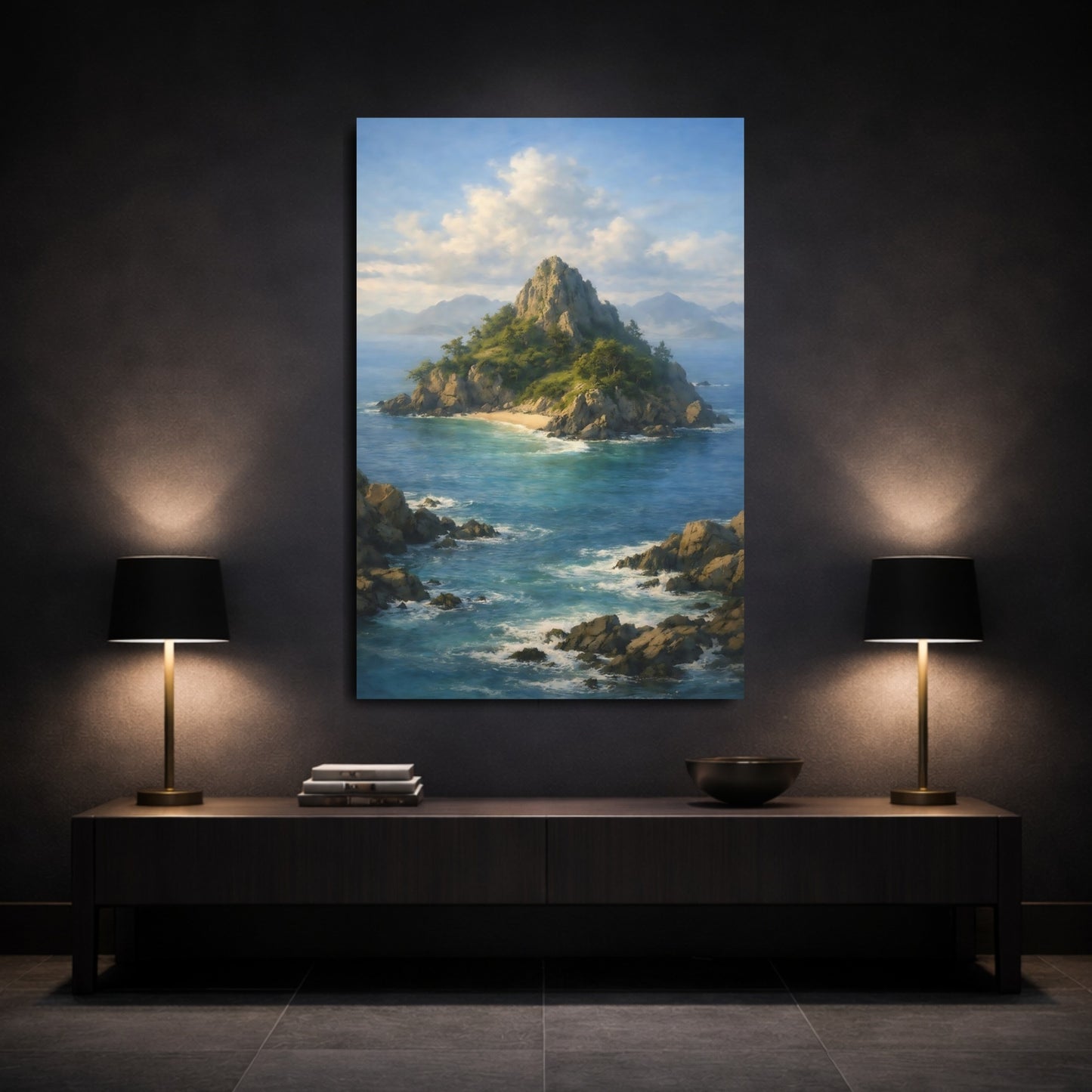 Nature Island Island Landscape shown as front canvas room wall art