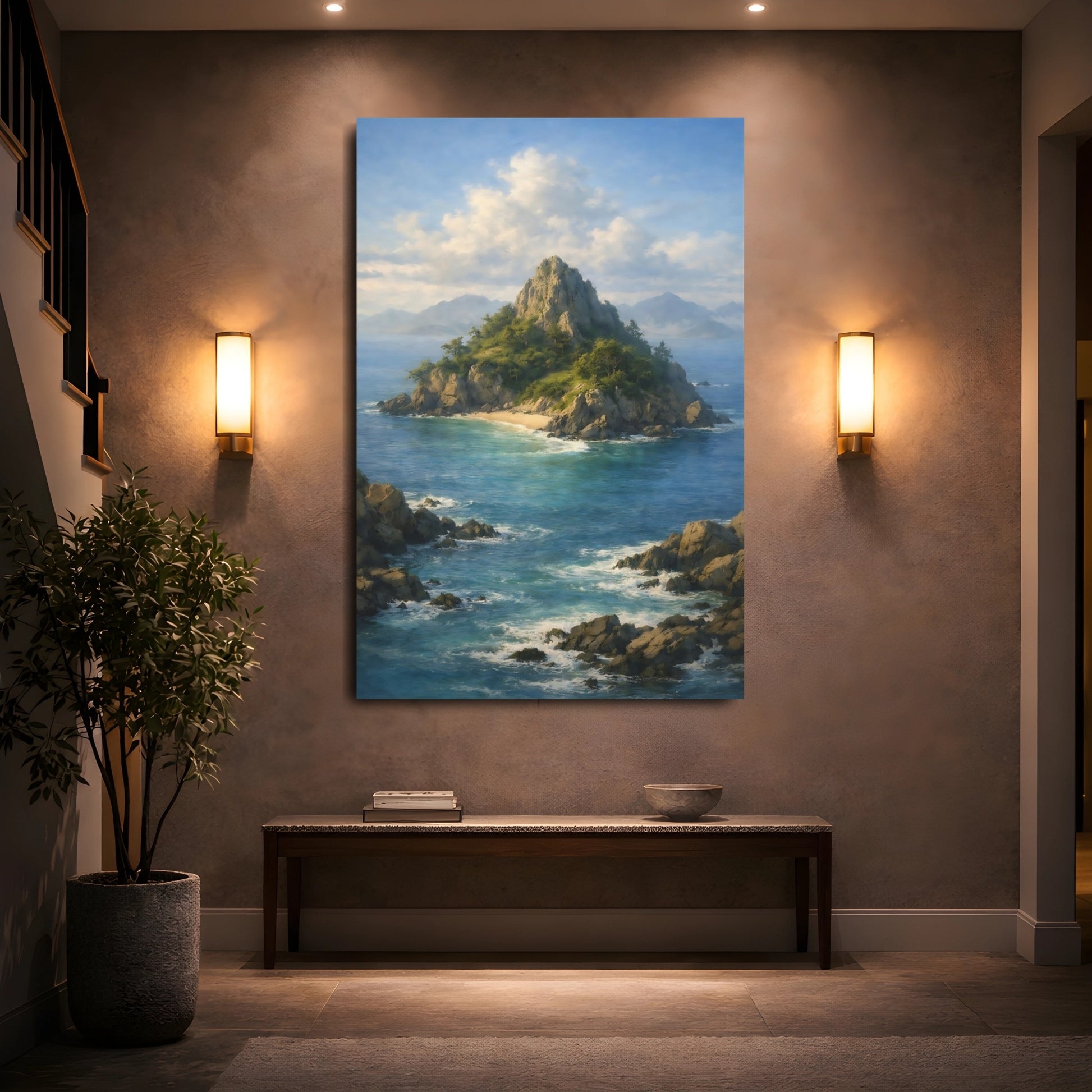 Nature Island Island Landscape shown as front canvas room wall art