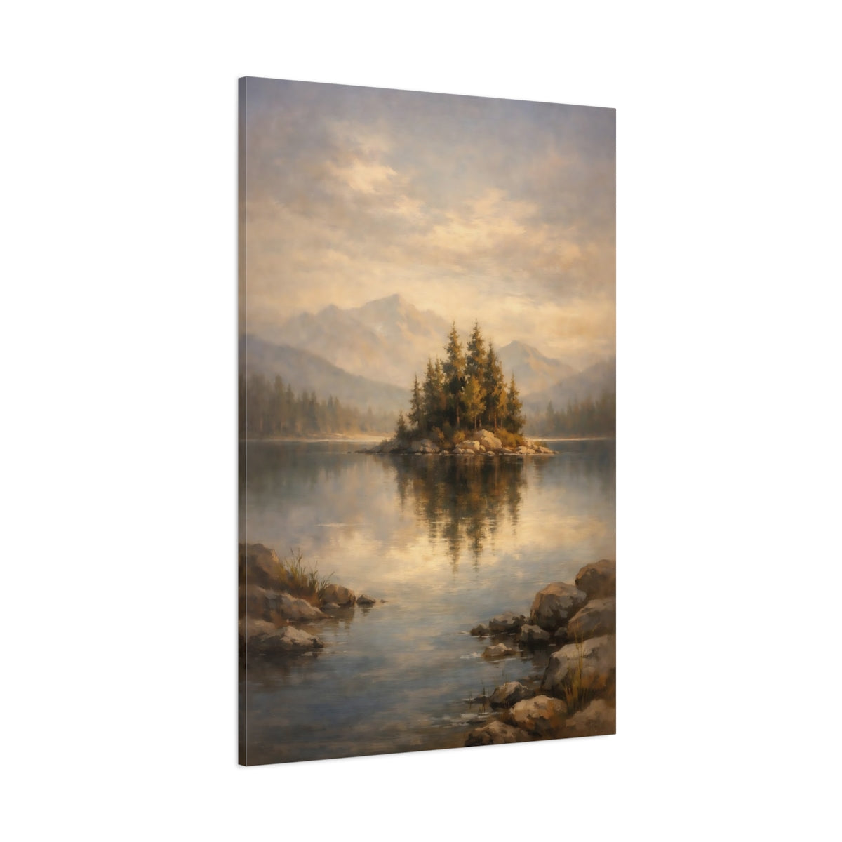 Main Mockup. Nature Island Lake Misty Lake Island shown as stretched canvas wall art