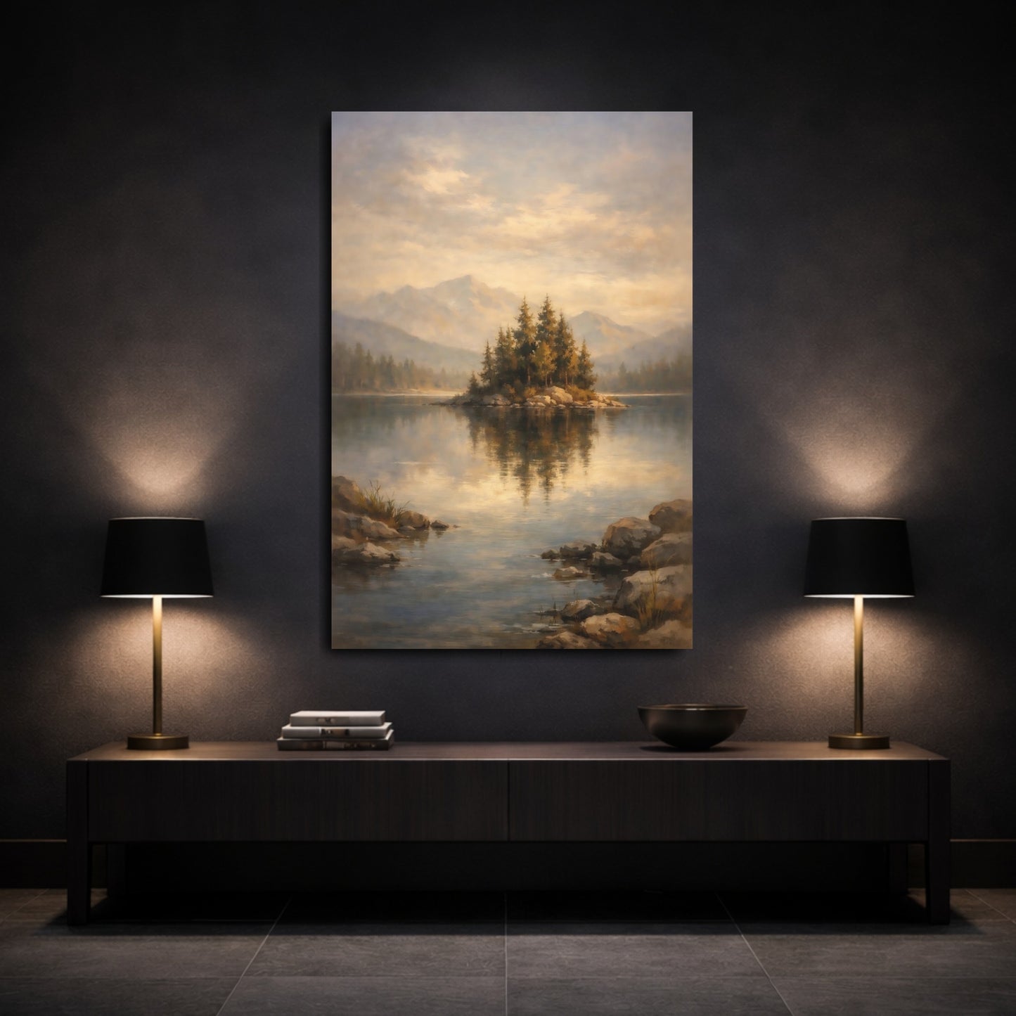 Mockup 2. Nature Island Lake Misty Lake Island shown as stretched canvas wall art