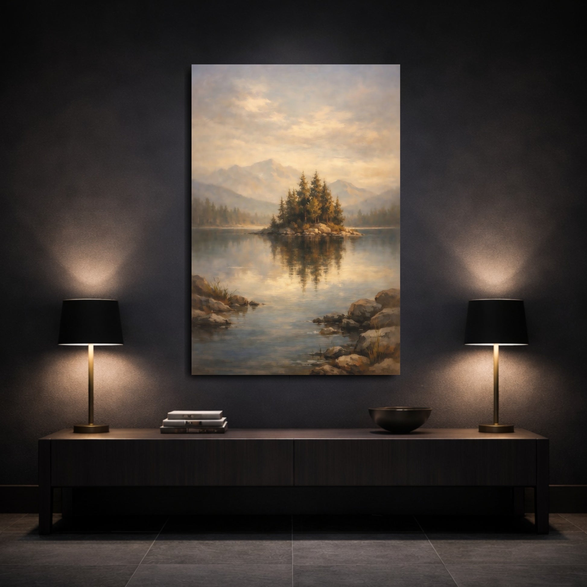 Mockup 2. Nature Island Lake Misty Lake Island shown as stretched canvas wall art