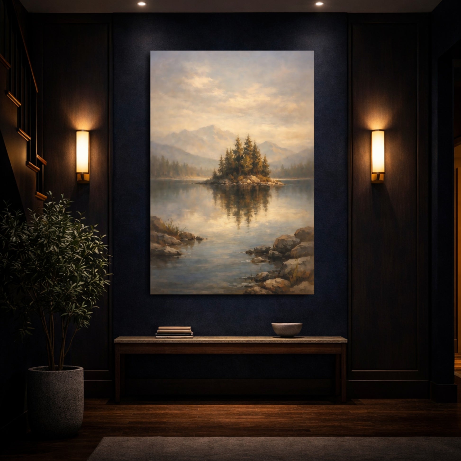 Mockup 3. Nature Island Lake Misty Lake Island shown as stretched canvas wall art