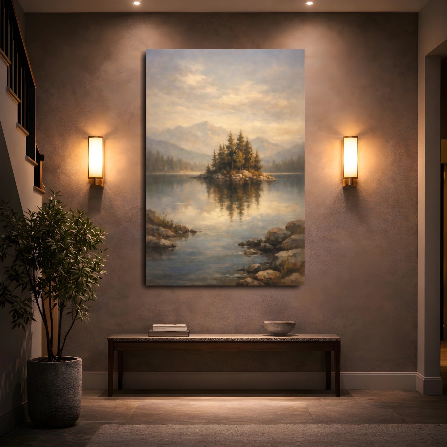 Mockup 4. Nature Island Lake Misty Lake Island shown as stretched canvas wall art
