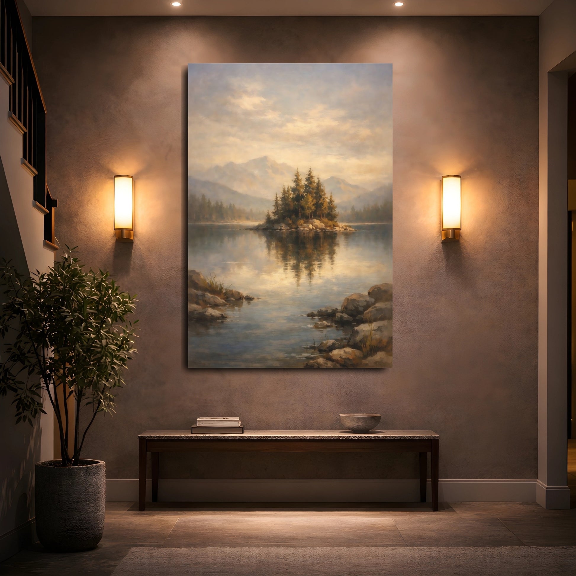 Mockup 4. Nature Island Lake Misty Lake Island shown as stretched canvas wall art