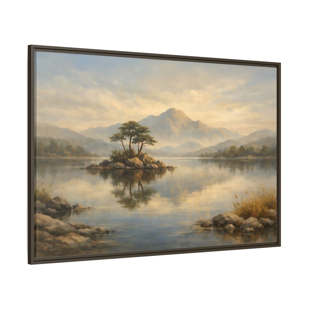 Main Mockup. Nature Island Lake Muted Landscape shown as stretched canvas wall art