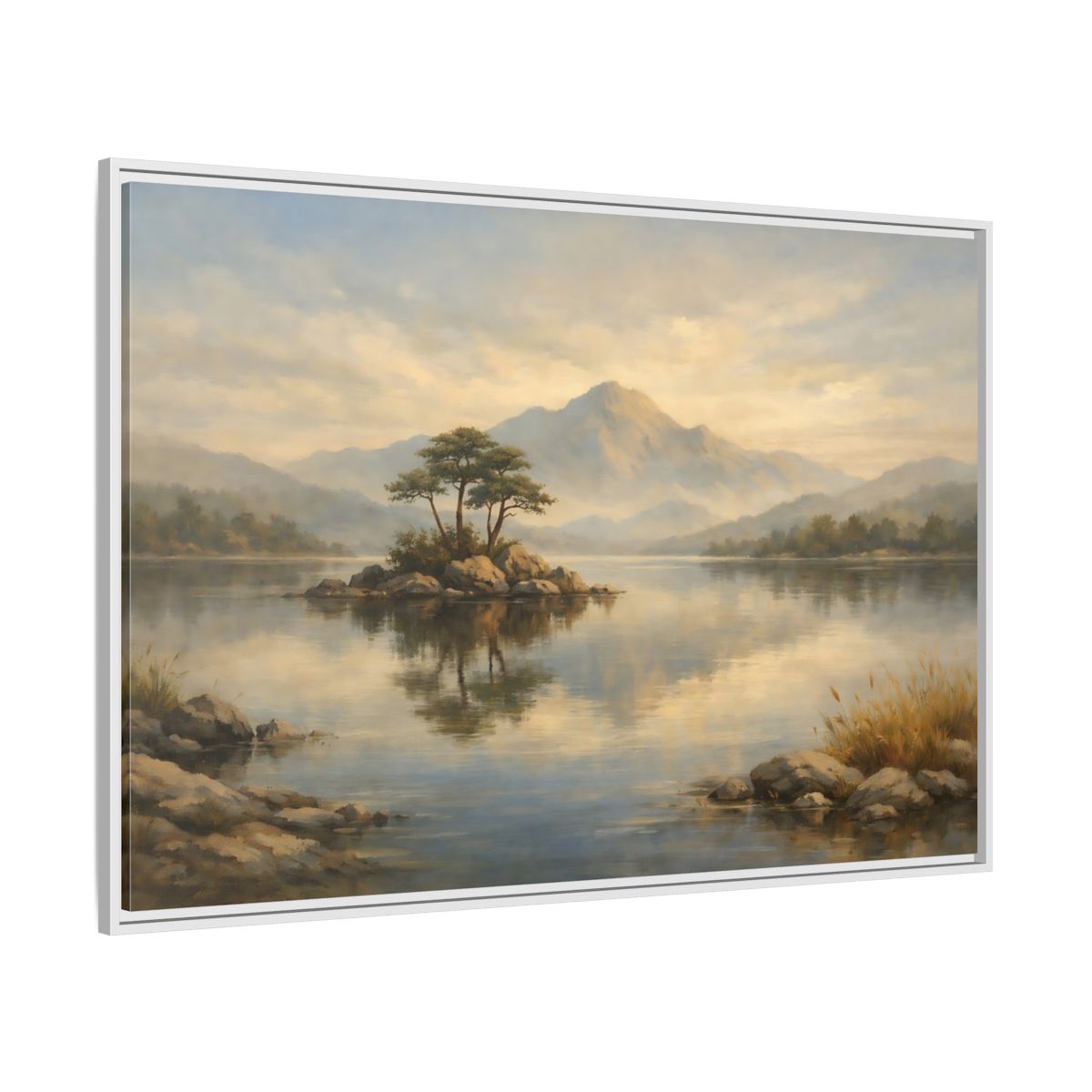 Side Mockup 7. Nature Island Lake Muted Landscape shown as stretched canvas wall art