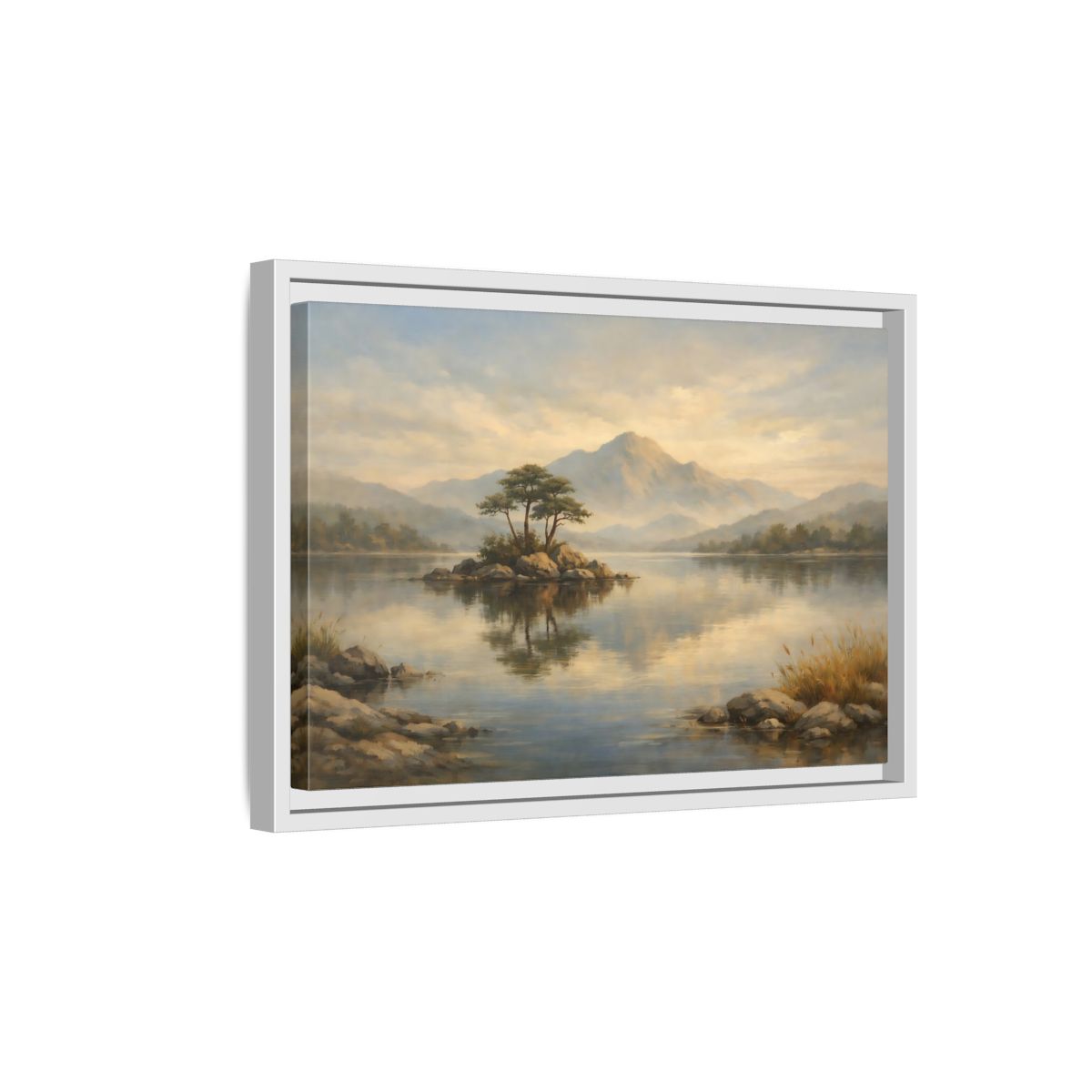 Side Mockup 4. Nature Island Lake Muted Landscape shown as stretched canvas wall art