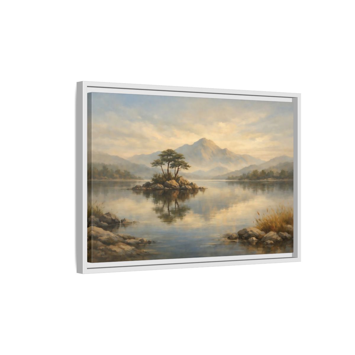 Side Mockup 1. Nature Island Lake Muted Landscape shown as stretched canvas wall art