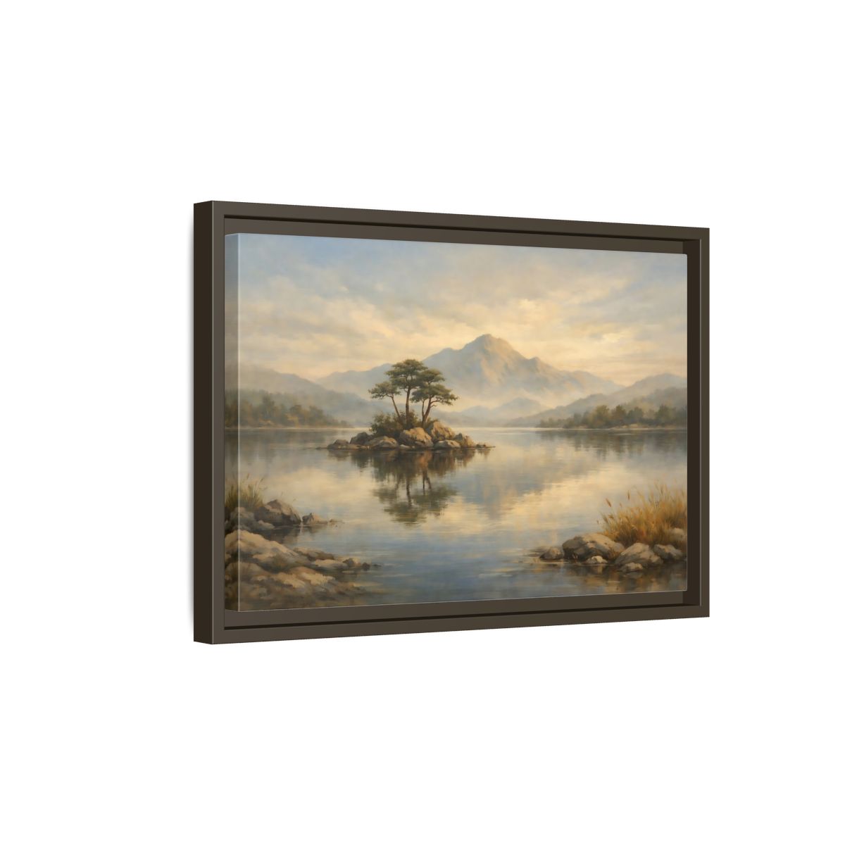 Side Mockup 5. Nature Island Lake Muted Landscape shown as stretched canvas wall art
