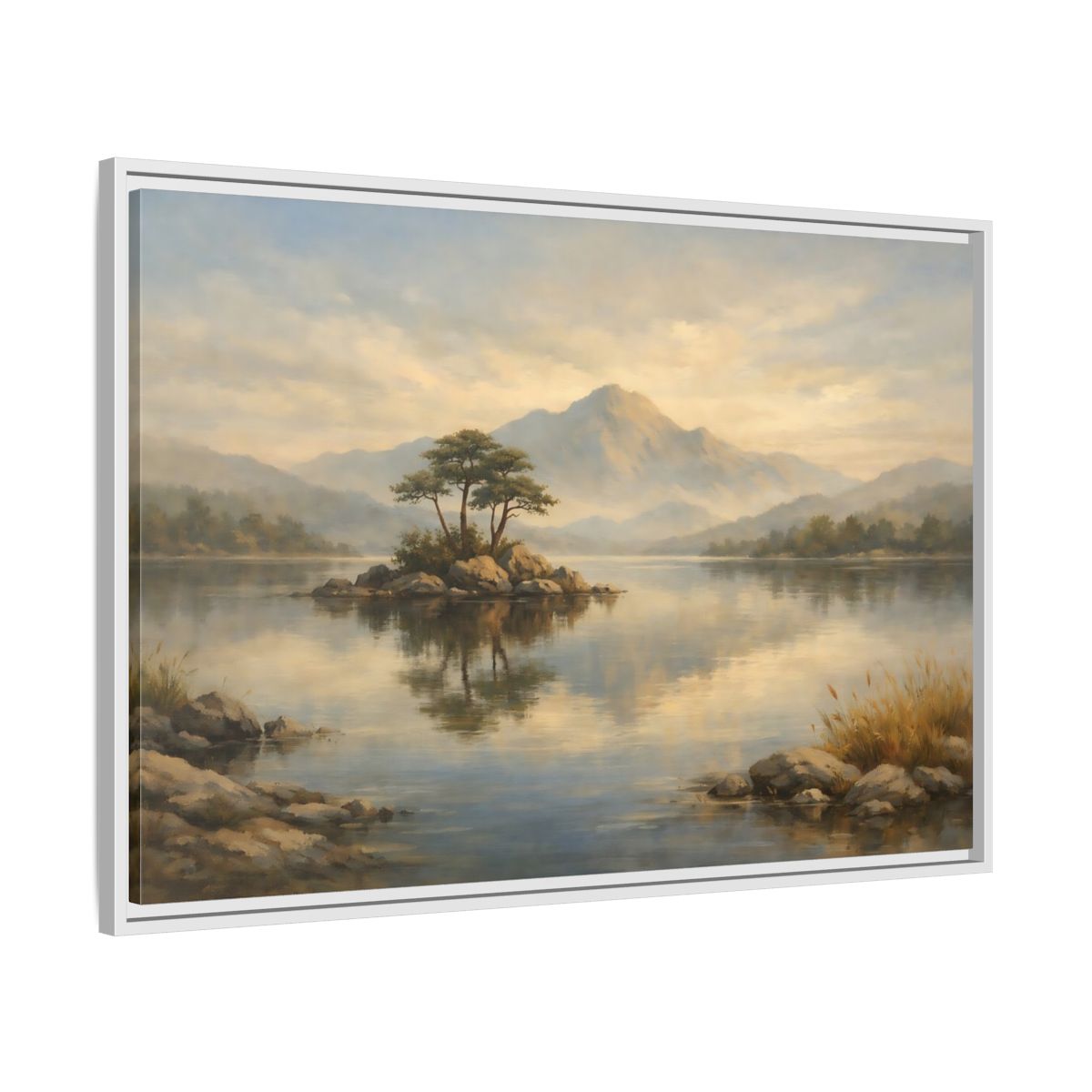 Side Mockup 8. Nature Island Lake Muted Landscape shown as stretched canvas wall art