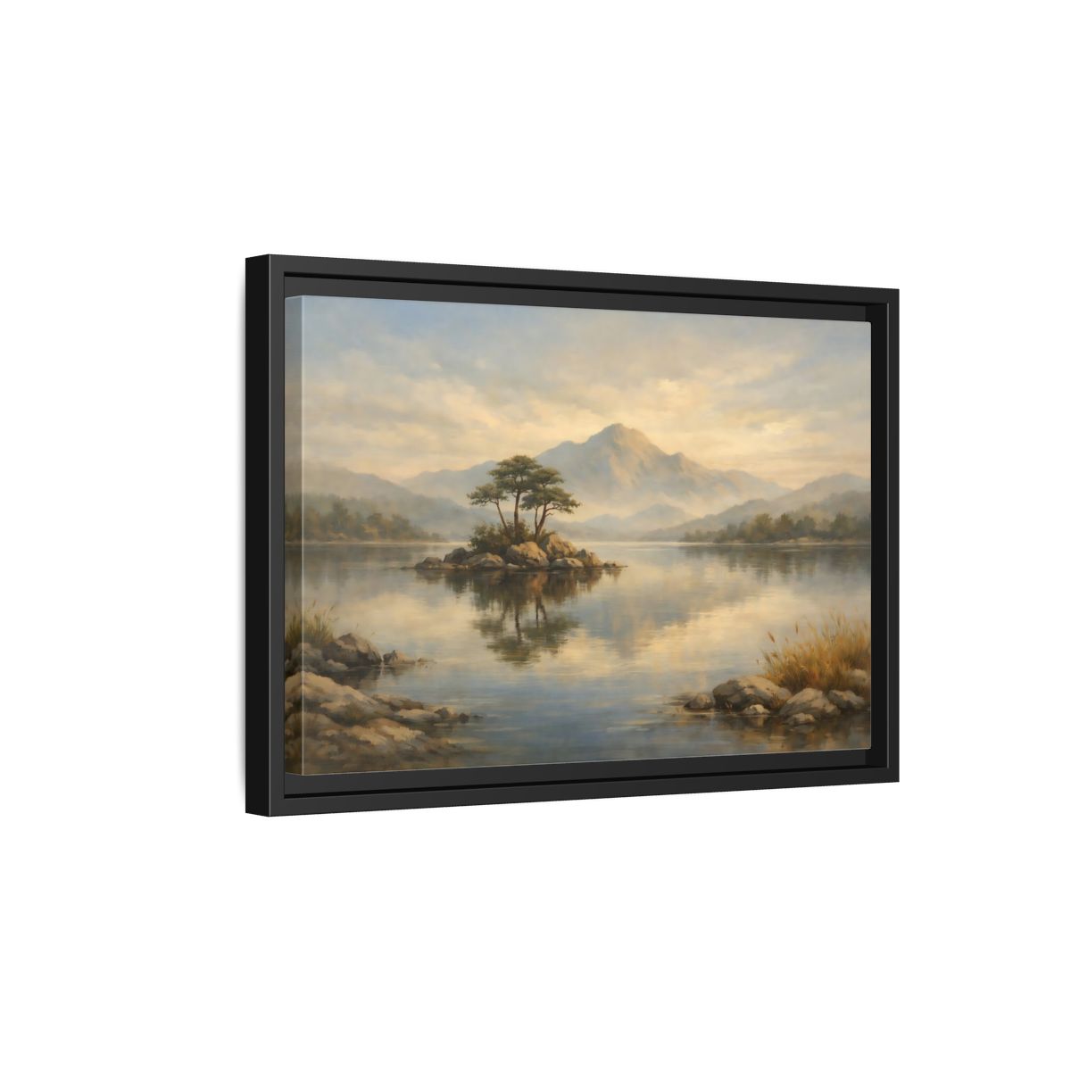 Side Mockup 6. Nature Island Lake Muted Landscape shown as stretched canvas wall art