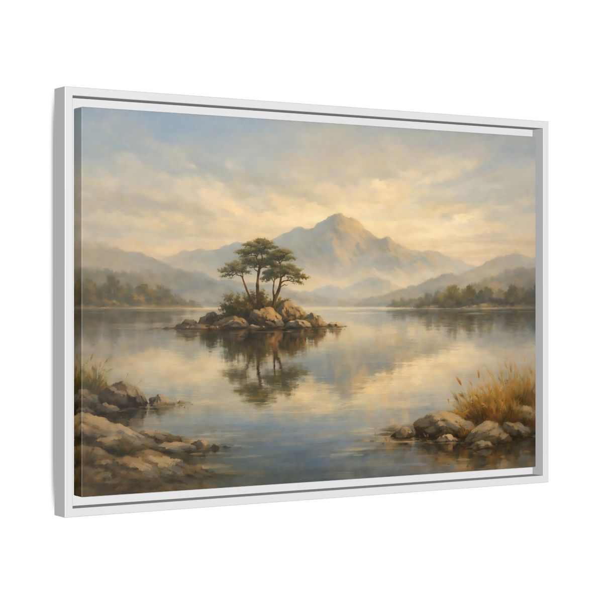 Side Mockup 10. Nature Island Lake Muted Landscape shown as stretched canvas wall art