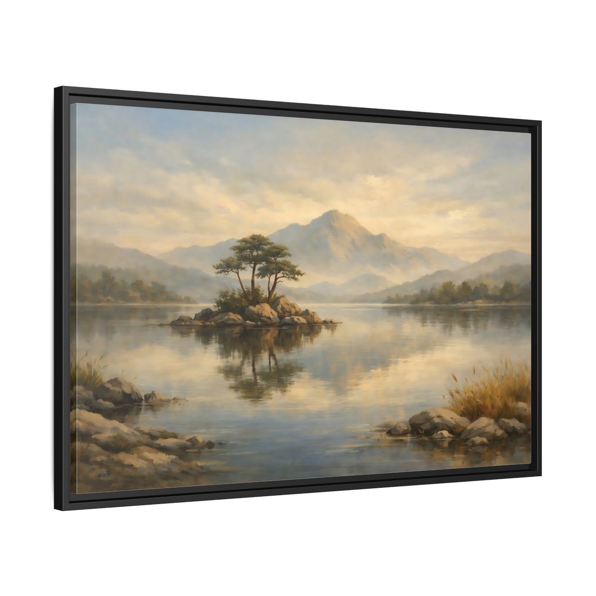 Side Mockup 13. Nature Island Lake Muted Landscape shown as stretched canvas wall art