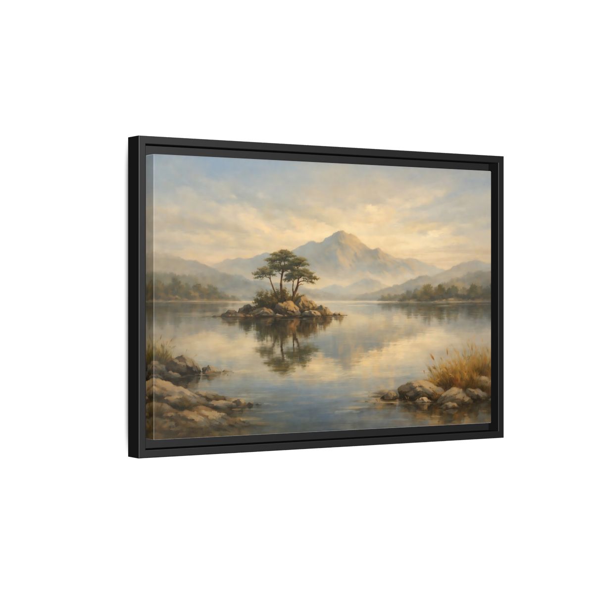 Side Mockup 3. Nature Island Lake Muted Landscape shown as stretched canvas wall art