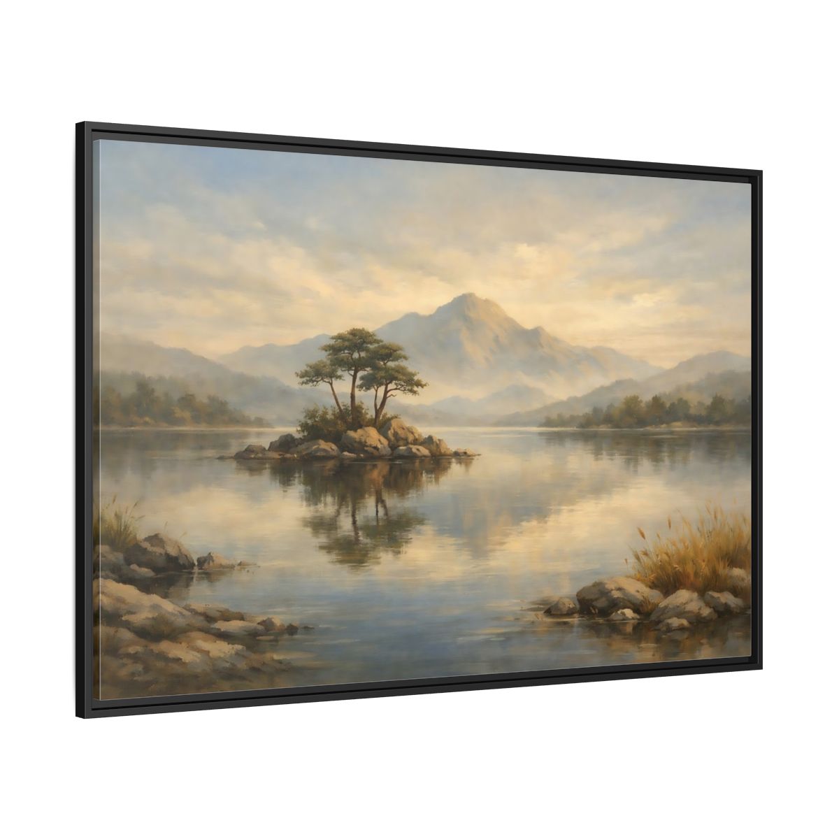 Side Mockup 12. Nature Island Lake Muted Landscape shown as stretched canvas wall art