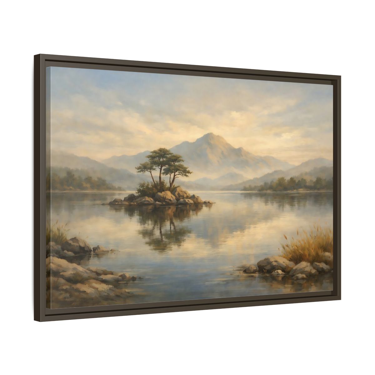 Side Mockup 11. Nature Island Lake Muted Landscape shown as stretched canvas wall art