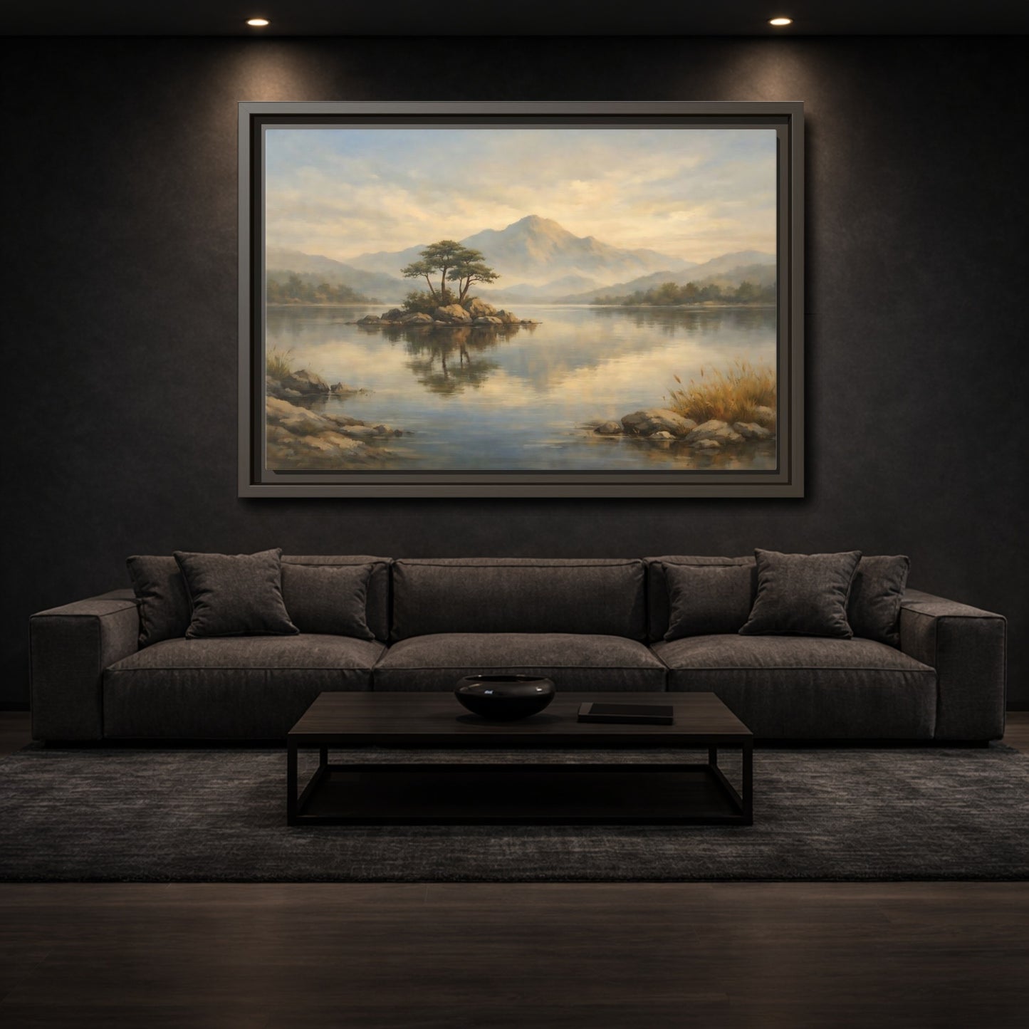 Mockup 2. Nature Island Lake Muted Landscape shown as stretched canvas wall art