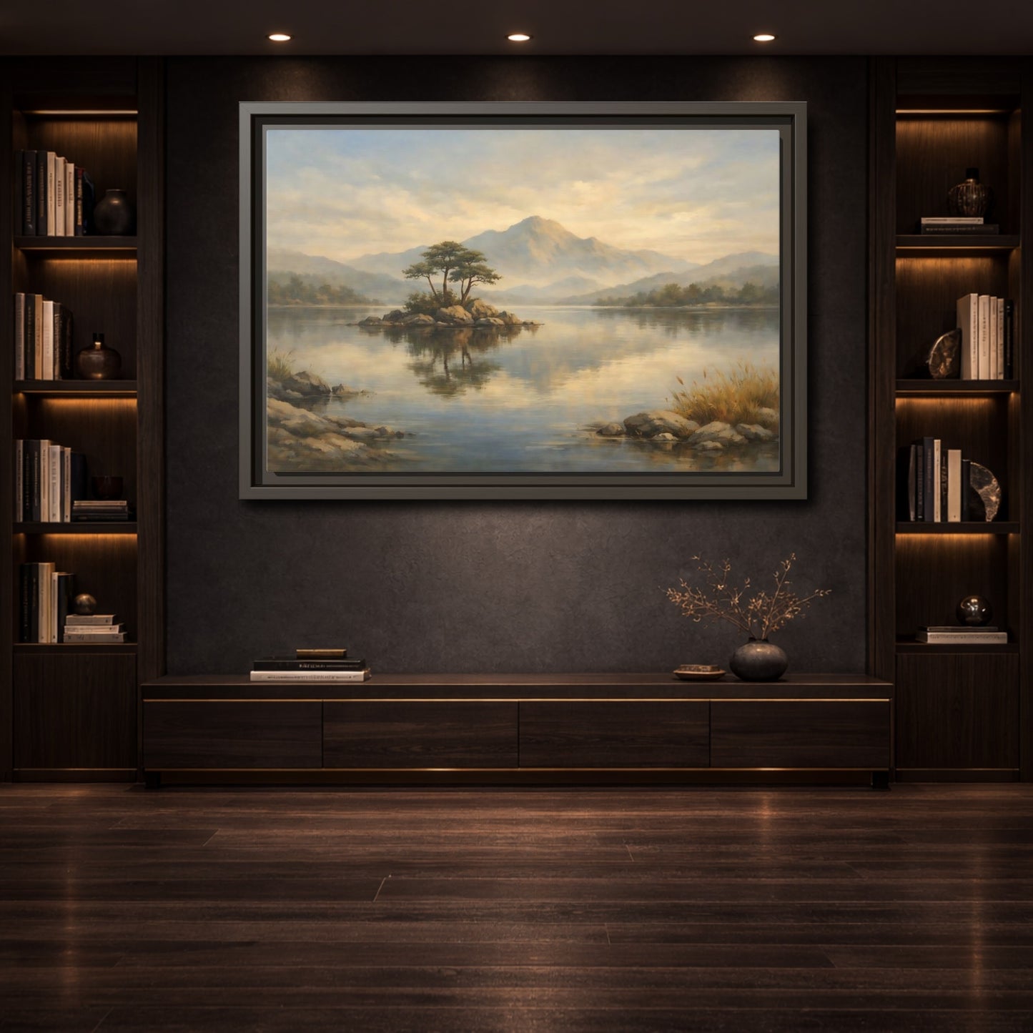 Mockup 3. Nature Island Lake Muted Landscape shown as stretched canvas wall art