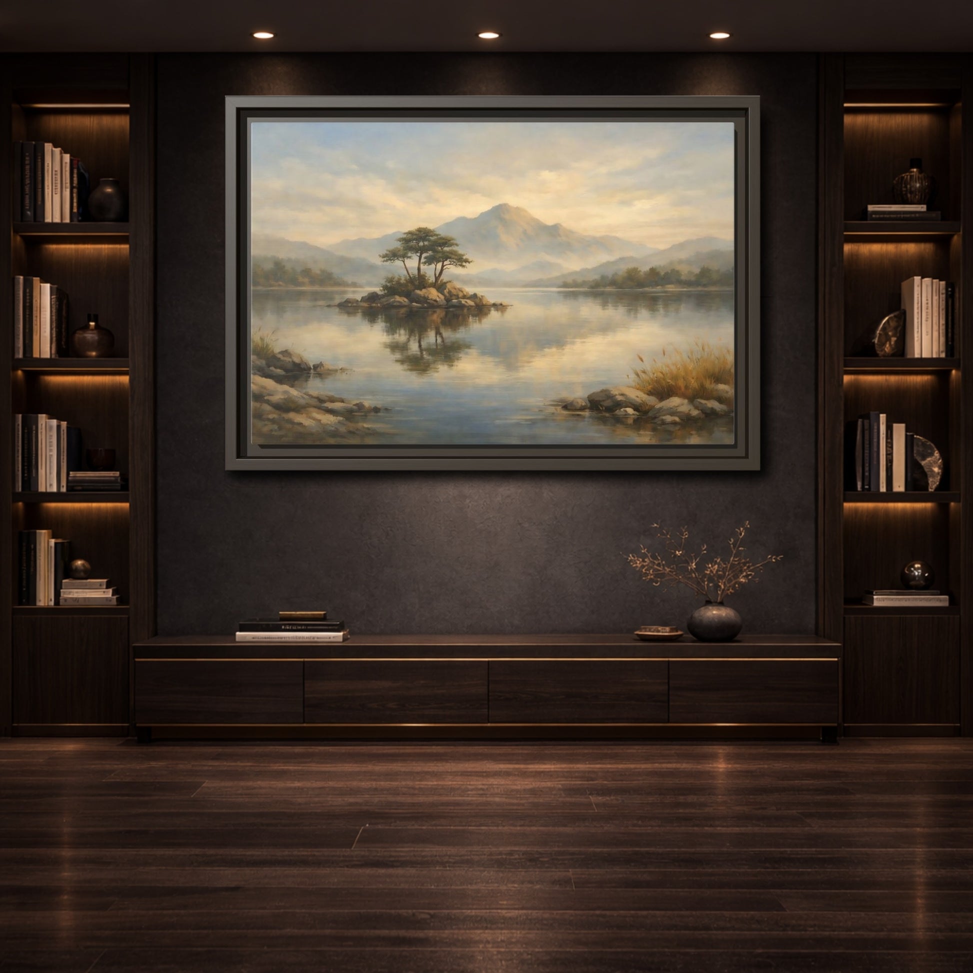 Mockup 3. Nature Island Lake Muted Landscape shown as stretched canvas wall art