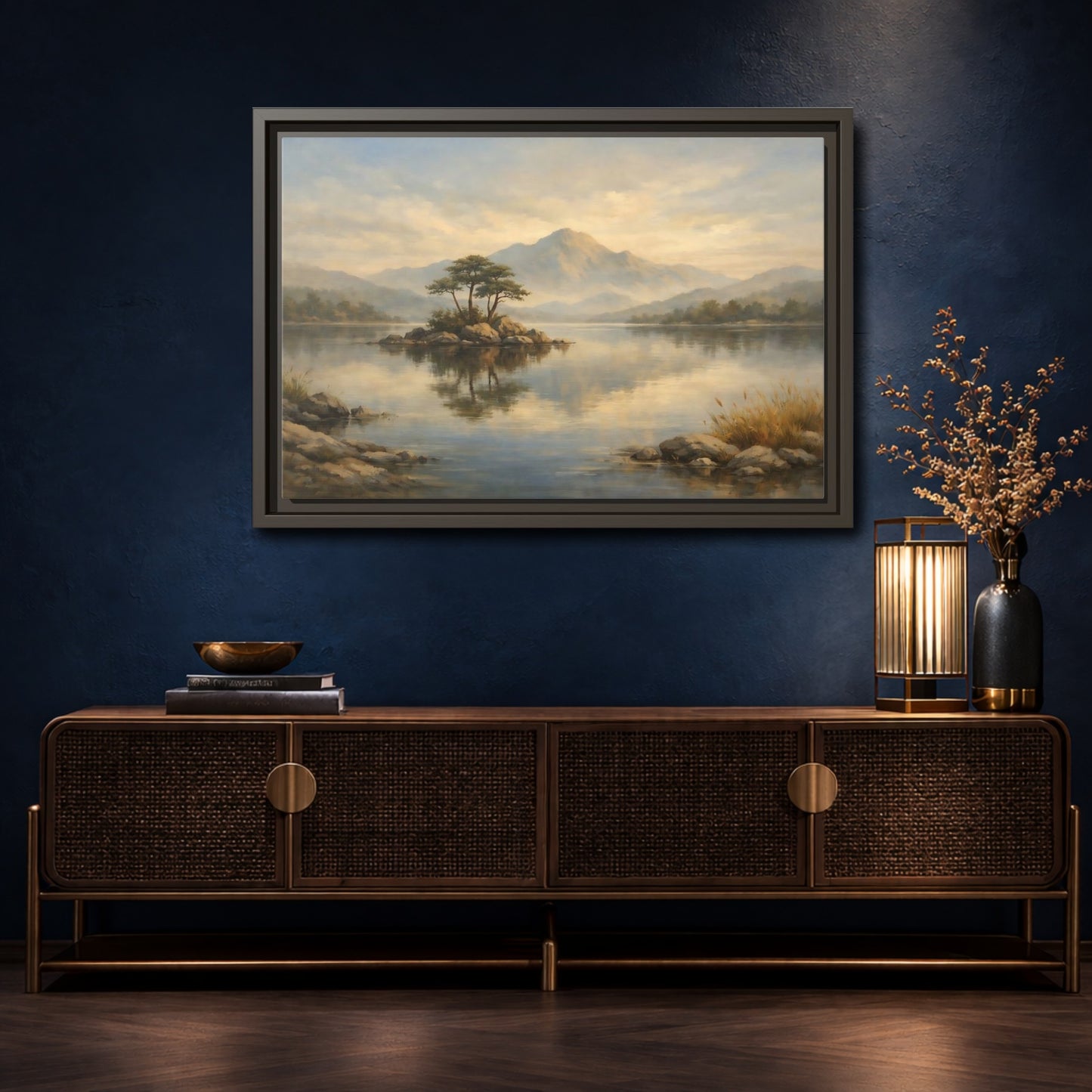 Mockup 4. Nature Island Lake Muted Landscape shown as stretched canvas wall art