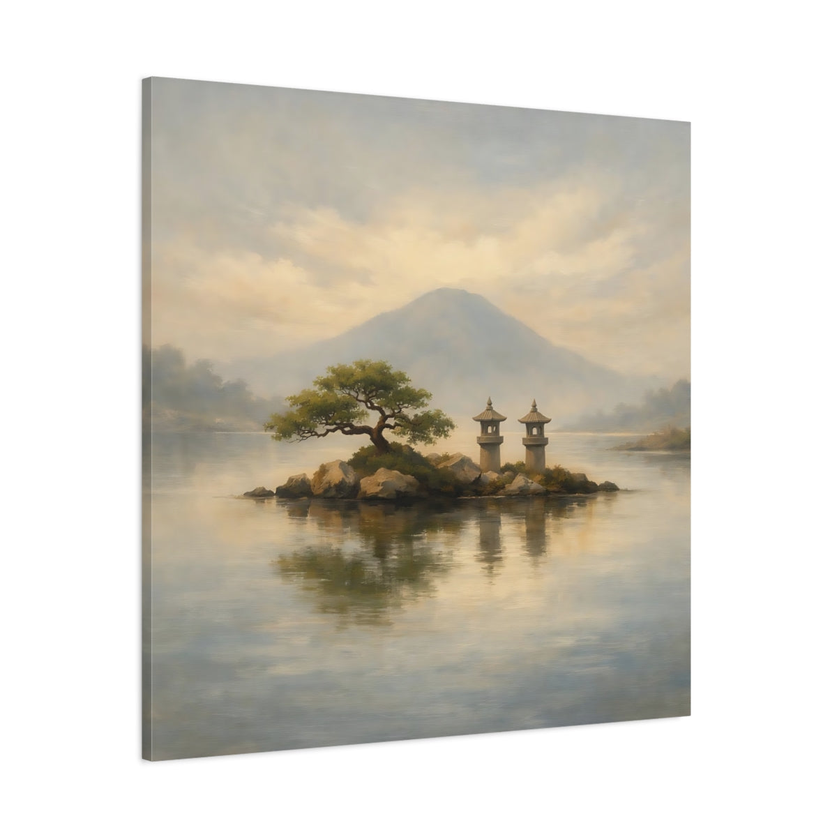 Main Mockup. Nature Island Lanterns Japanese Landscape shown as stretched canvas wall art
