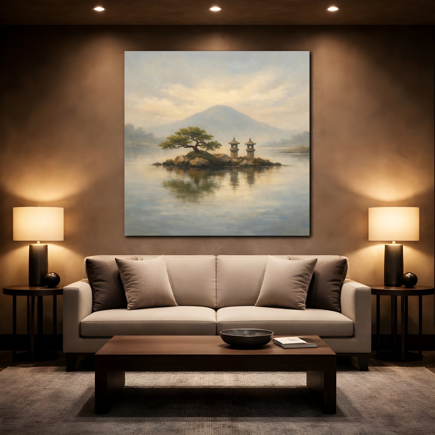 Mockup 2. Nature Island Lanterns Japanese Landscape shown as stretched canvas wall art