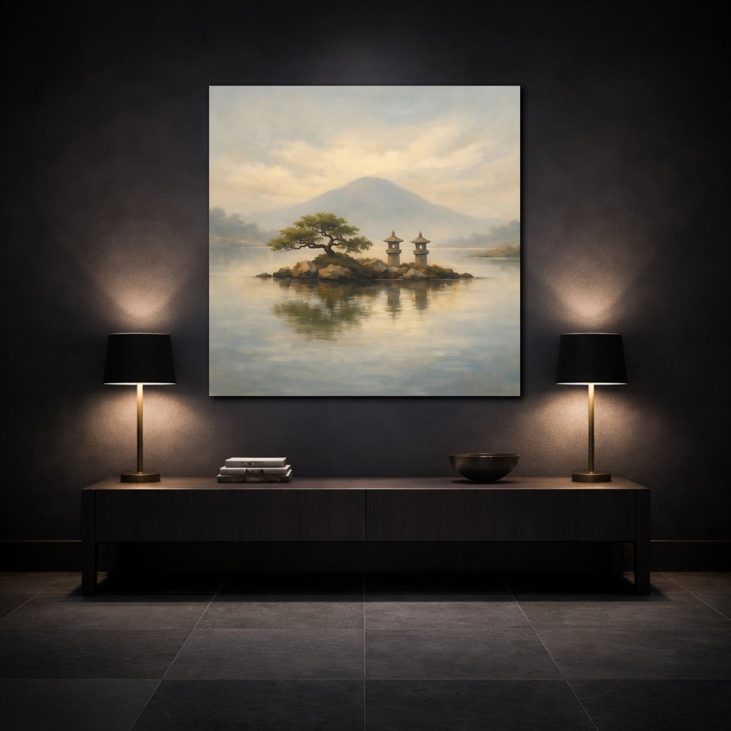 Mockup 3. Nature Island Lanterns Japanese Landscape shown as stretched canvas wall art