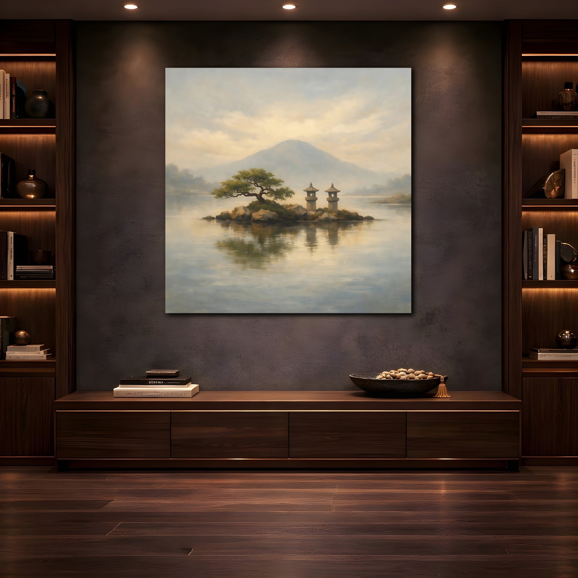 Mockup 4. Nature Island Lanterns Japanese Landscape shown as stretched canvas wall art
