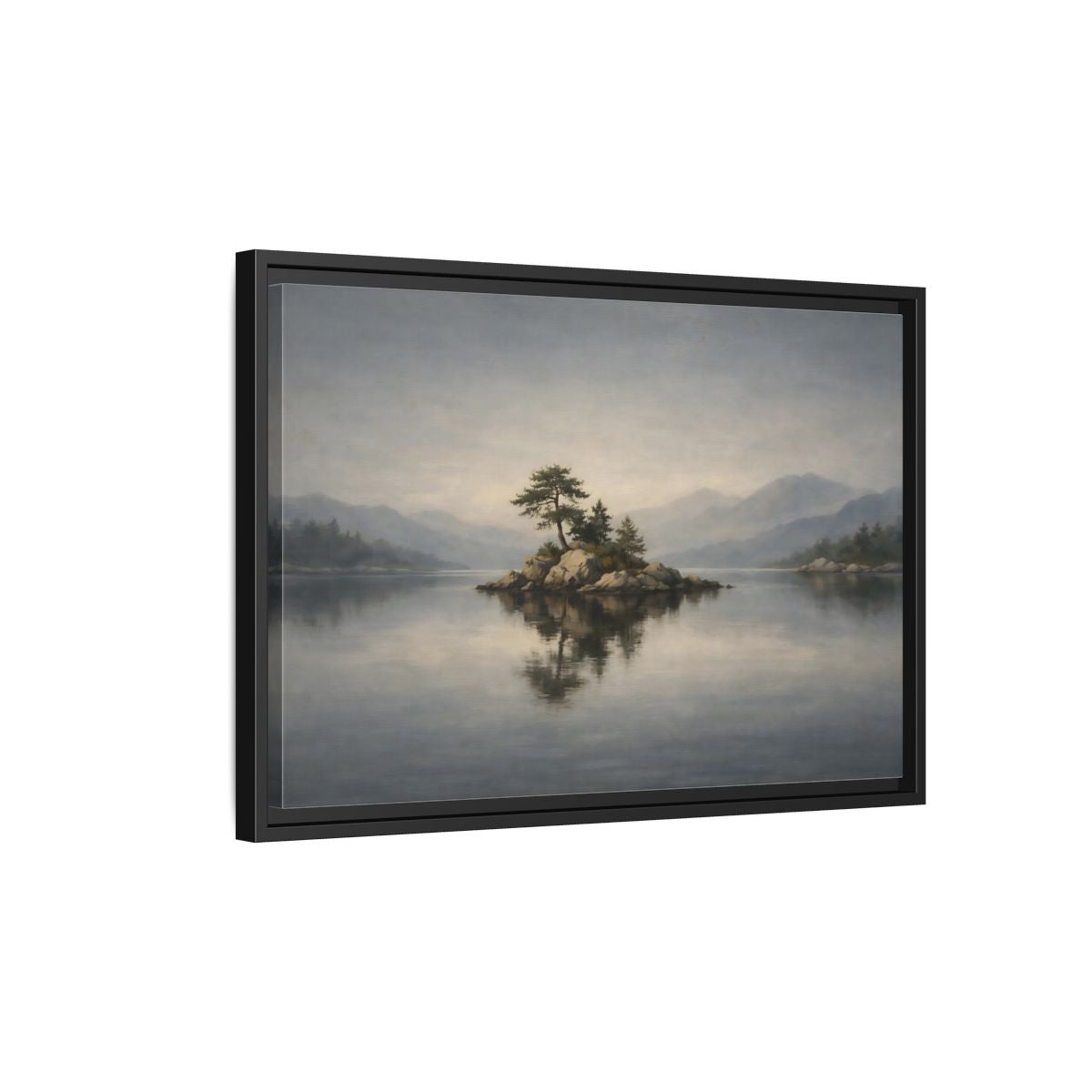 Side Mockup 3. Nature Island Misty Lake Island shown as stretched canvas wall art
