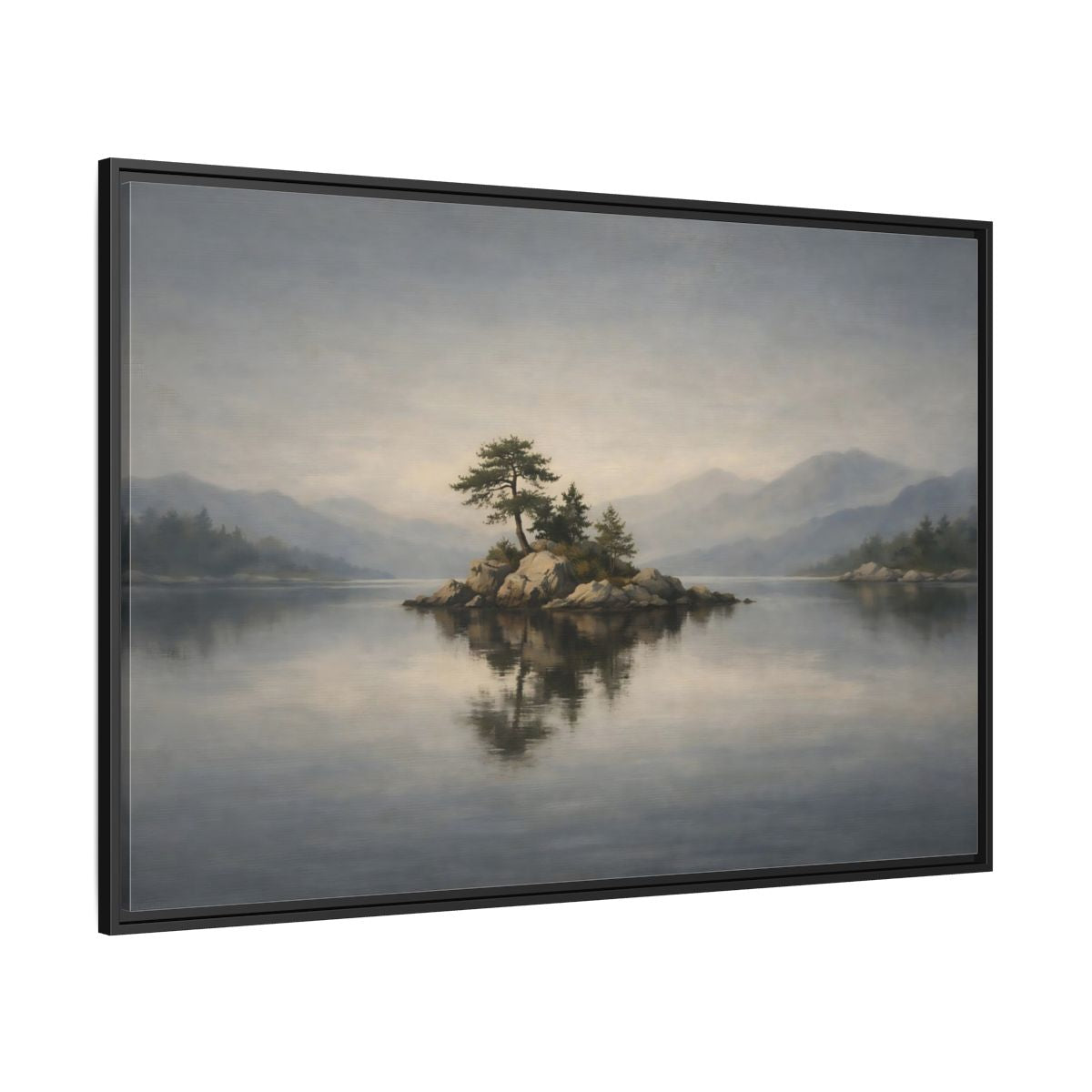 Side Mockup 12. Nature Island Misty Lake Island shown as stretched canvas wall art