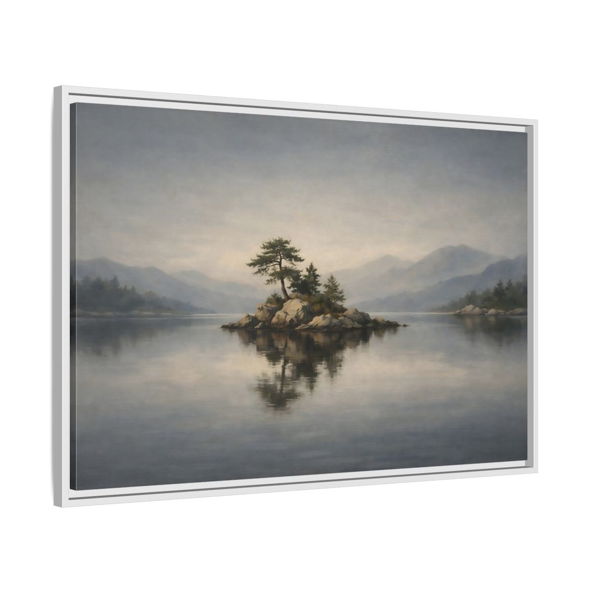 Side Mockup 8. Nature Island Misty Lake Island shown as stretched canvas wall art
