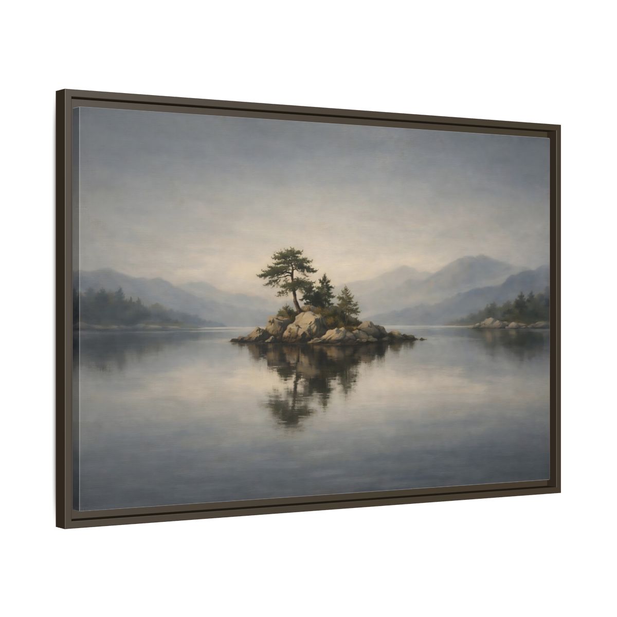 Side Mockup 9. Nature Island Misty Lake Island shown as stretched canvas wall art
