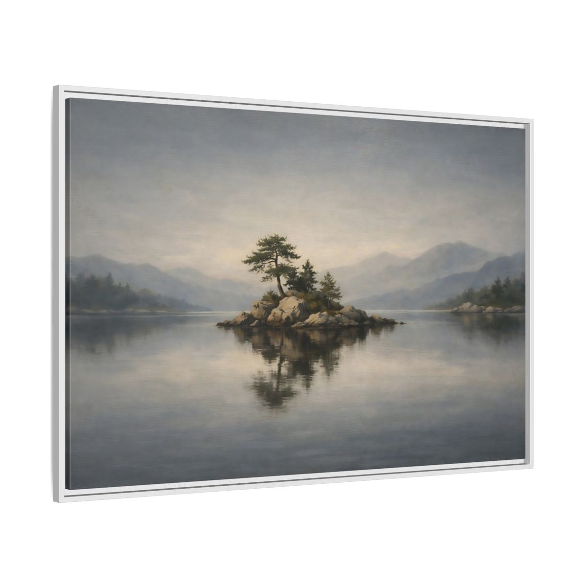 Side Mockup 7. Nature Island Misty Lake Island shown as stretched canvas wall art