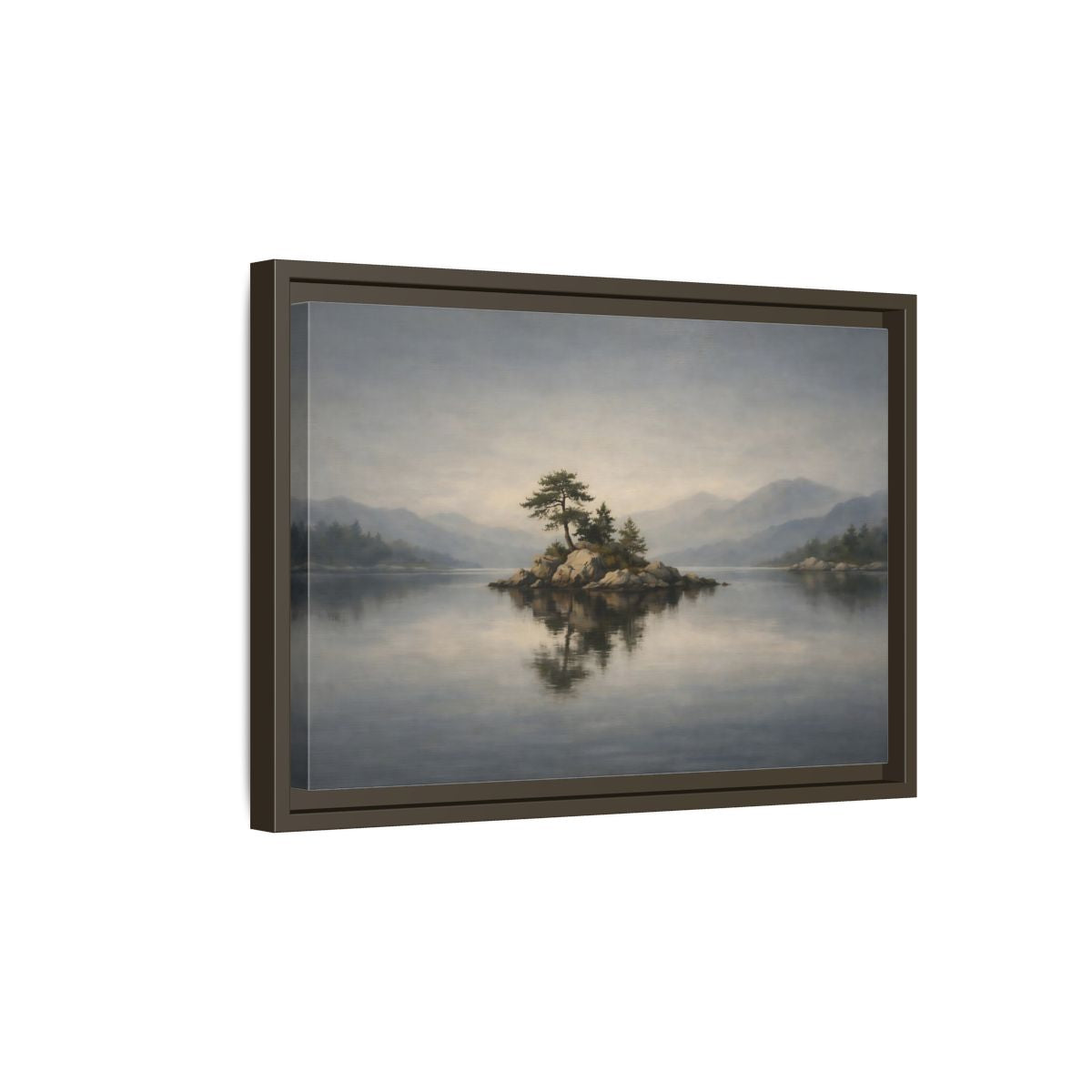 Side Mockup 5. Nature Island Misty Lake Island shown as stretched canvas wall art
