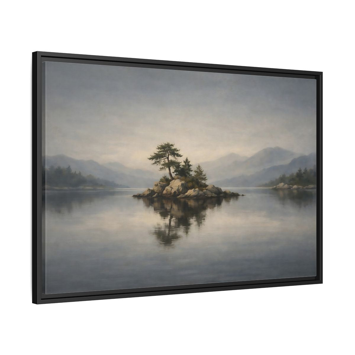 Side Mockup 13. Nature Island Misty Lake Island shown as stretched canvas wall art