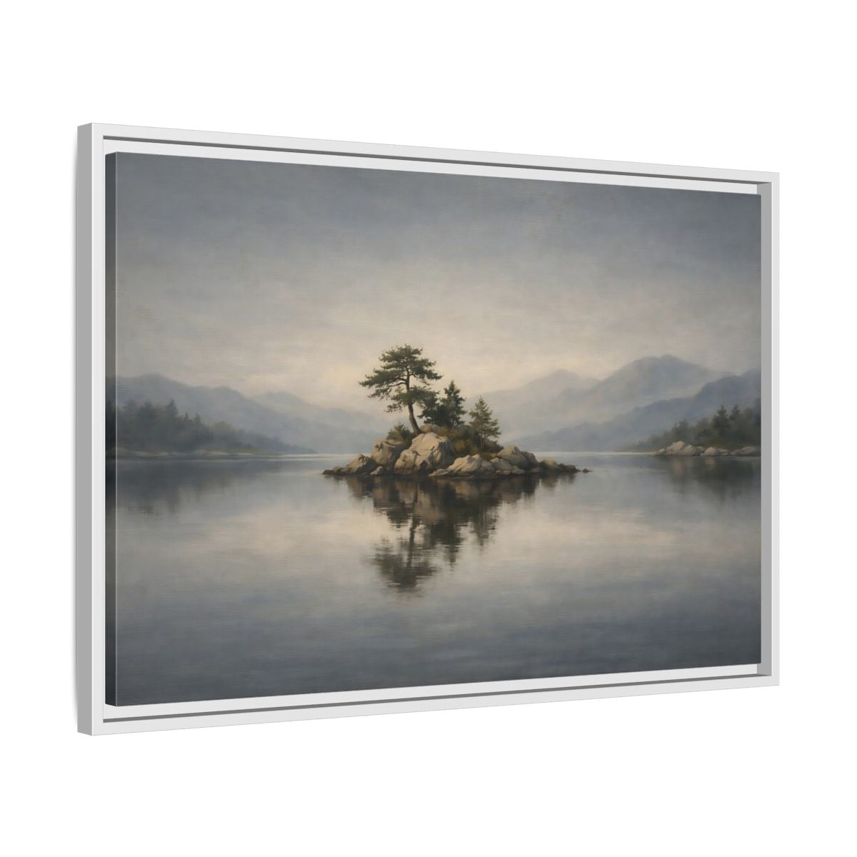Side Mockup 10. Nature Island Misty Lake Island shown as stretched canvas wall art