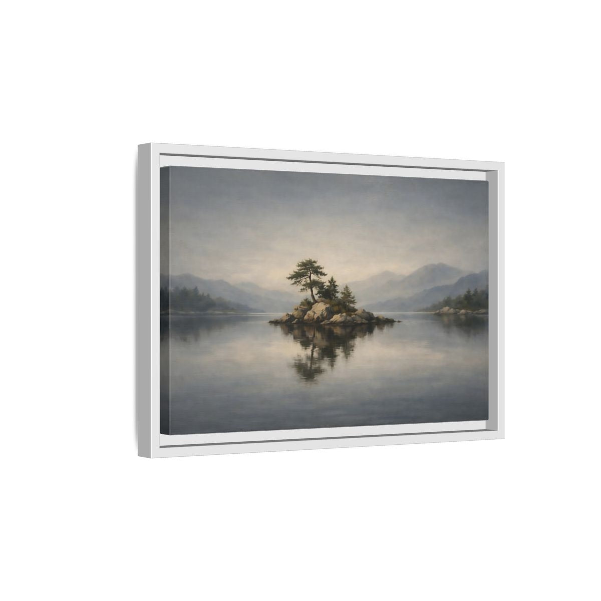 Side Mockup 4. Nature Island Misty Lake Island shown as stretched canvas wall art