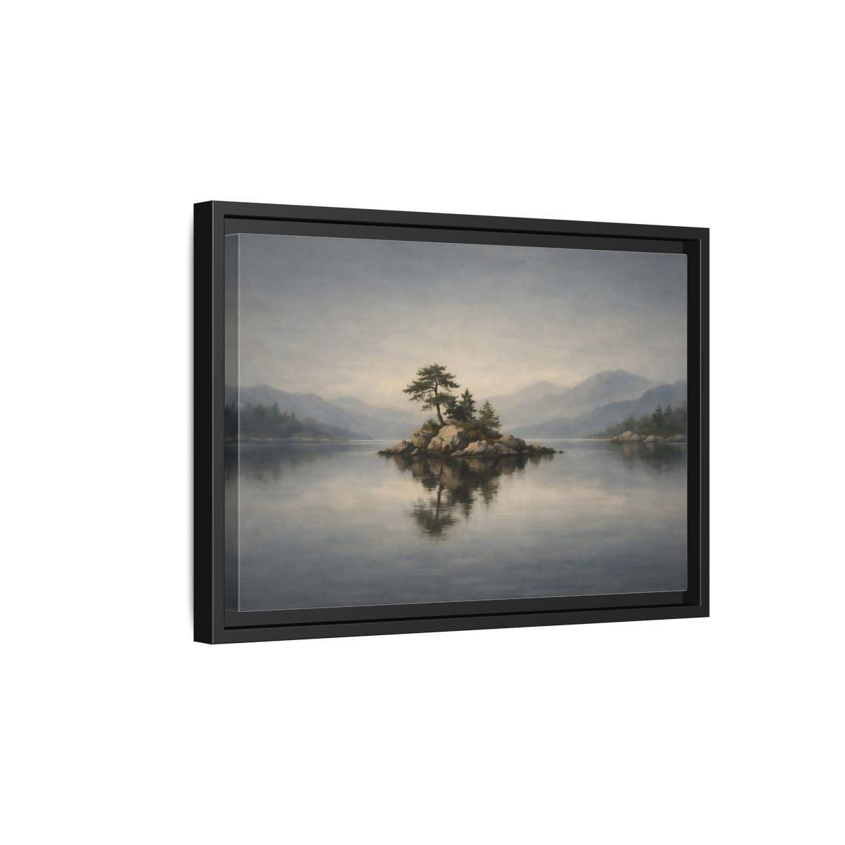 Side Mockup 6. Nature Island Misty Lake Island shown as stretched canvas wall art